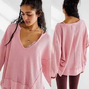 Soft V-Neck Waffle Knit Top - Pink